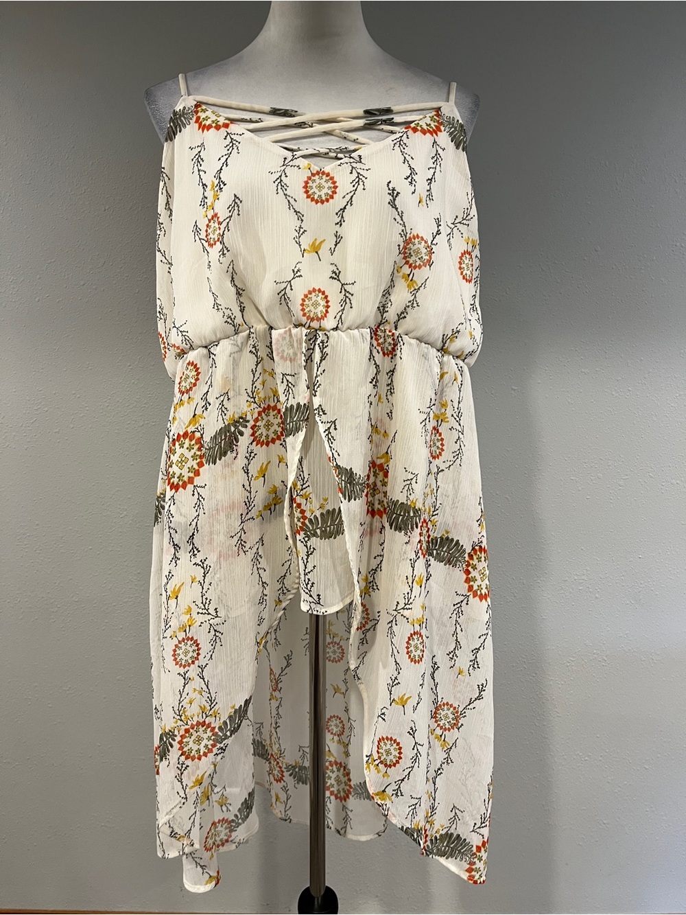 Maurice’s Boho Cream Floral Lace-Up High-Low plus size top